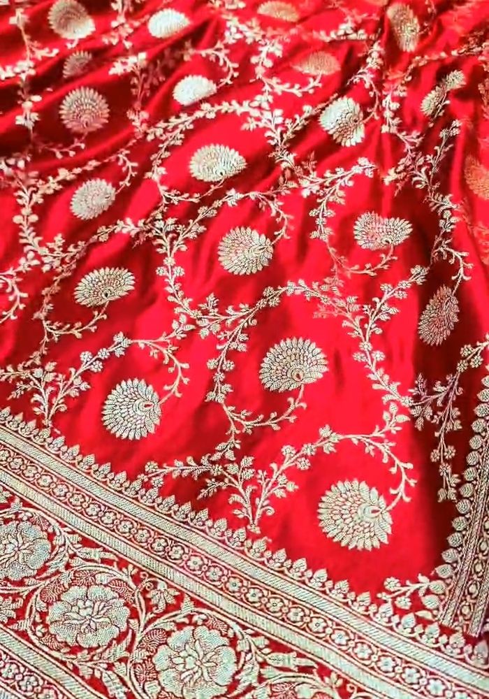 Ruhika – Scarlet Red Banarasi Soft Silk Saree with Traditional Zari Weaving