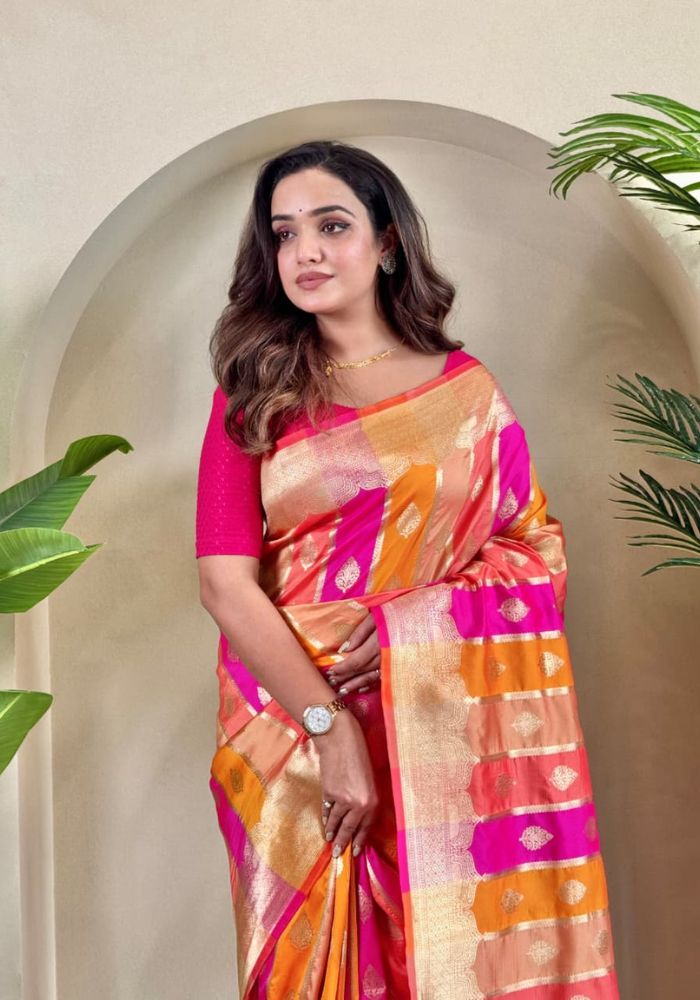Rangrekha – Multicolour Banarasi Soft Silk Saree with Golden Zari Weaving