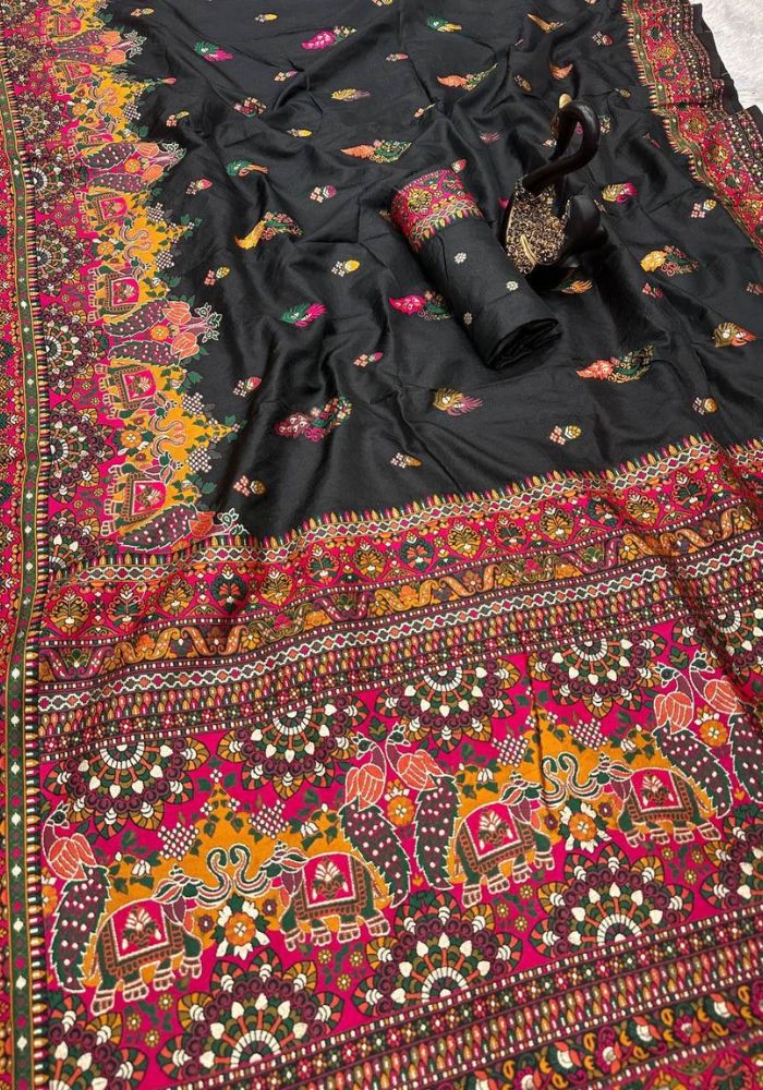 Entrancing Black Pashmina Saree With Panoply Blouse Piece