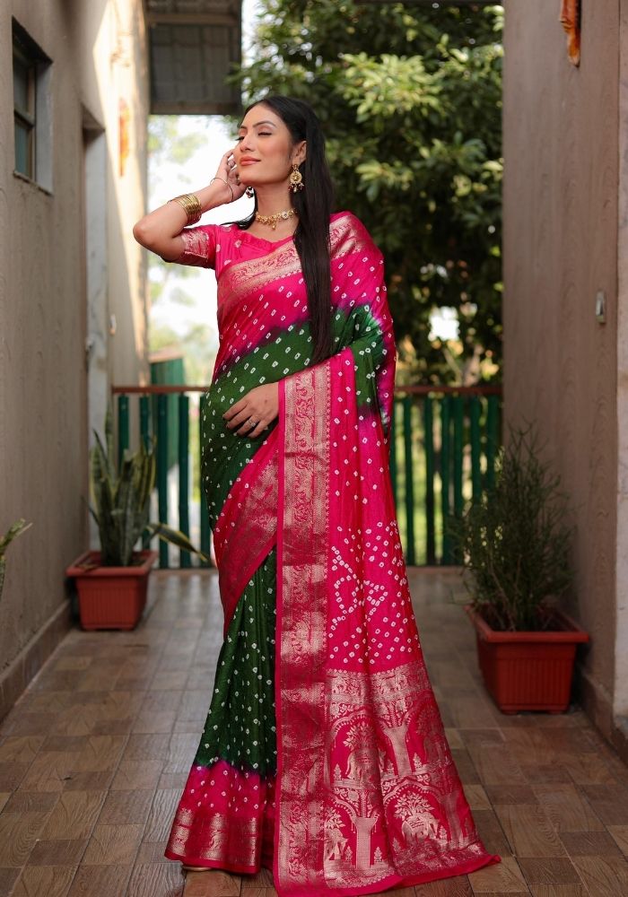Ziyana Rani Green Bandhej Silk Saree