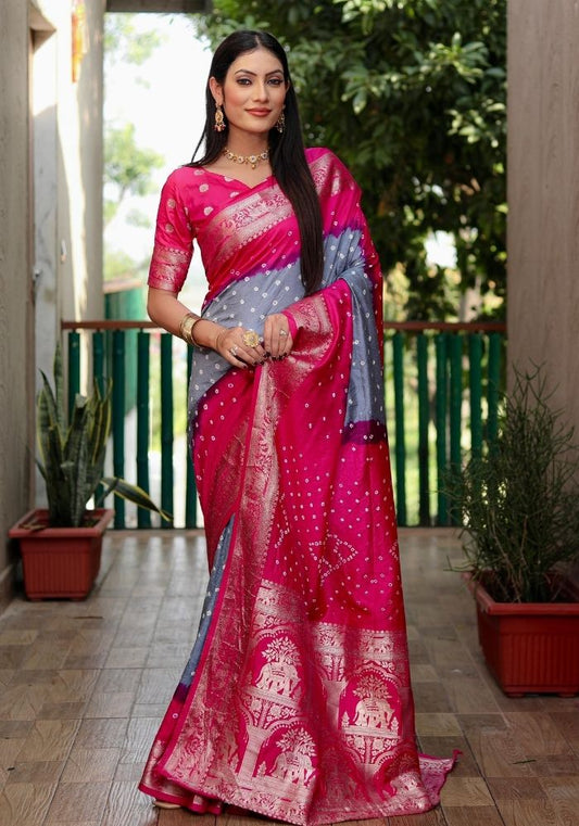 Ziyana Grey Rani Bandhej Silk Saree