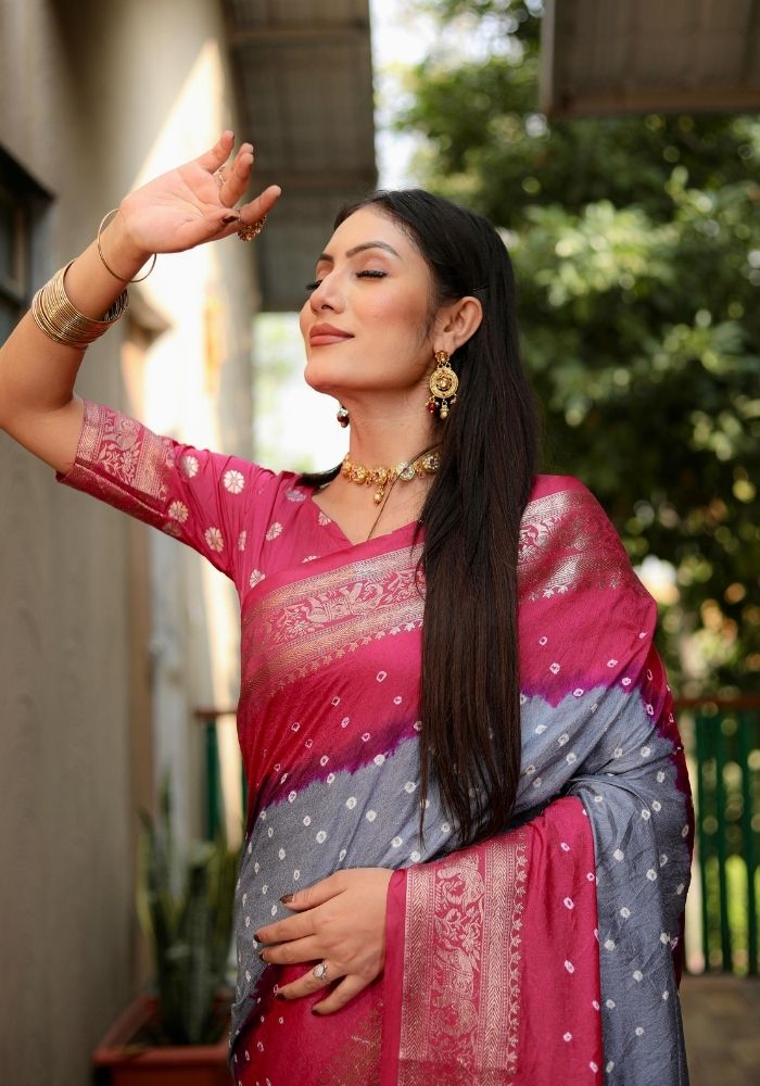 Ziyana Grey Rani Bandhej Silk Saree