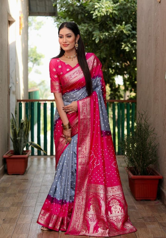 Ziyana Grey Rani Bandhej Silk Saree