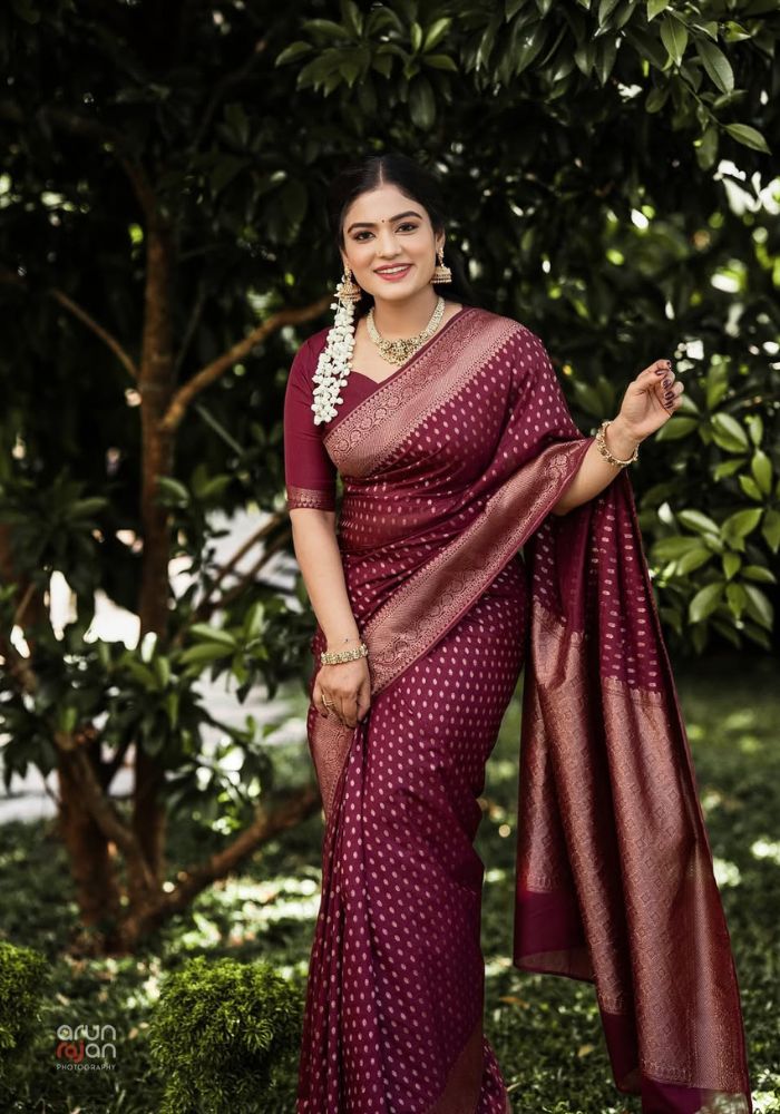 Charulata – Deep Maroon Banarasi Soft Silk Saree with Royal Charm