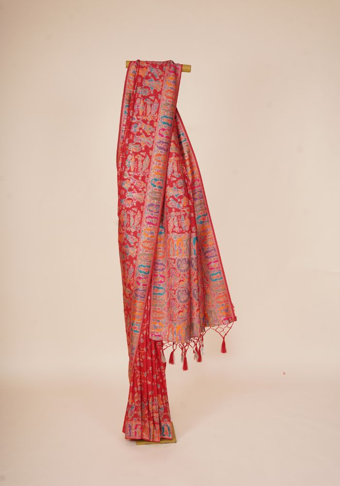 Tanirika – Red Naylon Sillk Saree with Vibrant Minakari Detailing