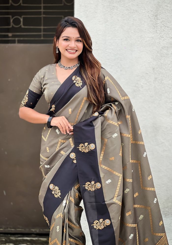 Ruvika – Banarasi Soft Silk Saree in Grey with Ornamental Border