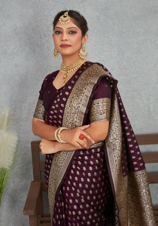 Charmi Wine Banarasi Soft Silk Saree