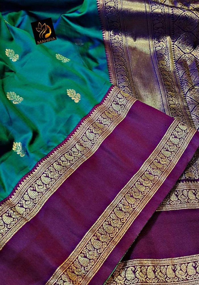 Symmetrical Rama Soft Banarasi Silk Saree With Captivating Blouse Piece