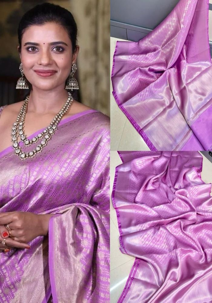 Samika – Lilac Purple Banarasi Soft Silk Saree with Silver Zari Weaving