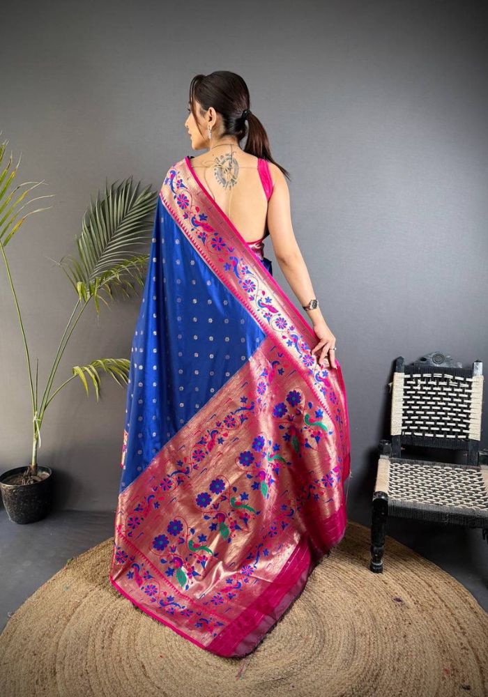 Nebula Navy Blue Paithani Silk Saree With Adorable Blouse Piece