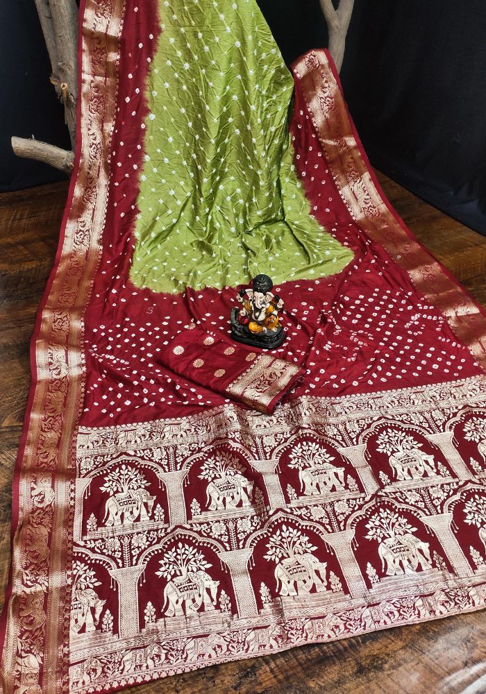 Ziyana Red Mehandi Bandhej Silk Saree