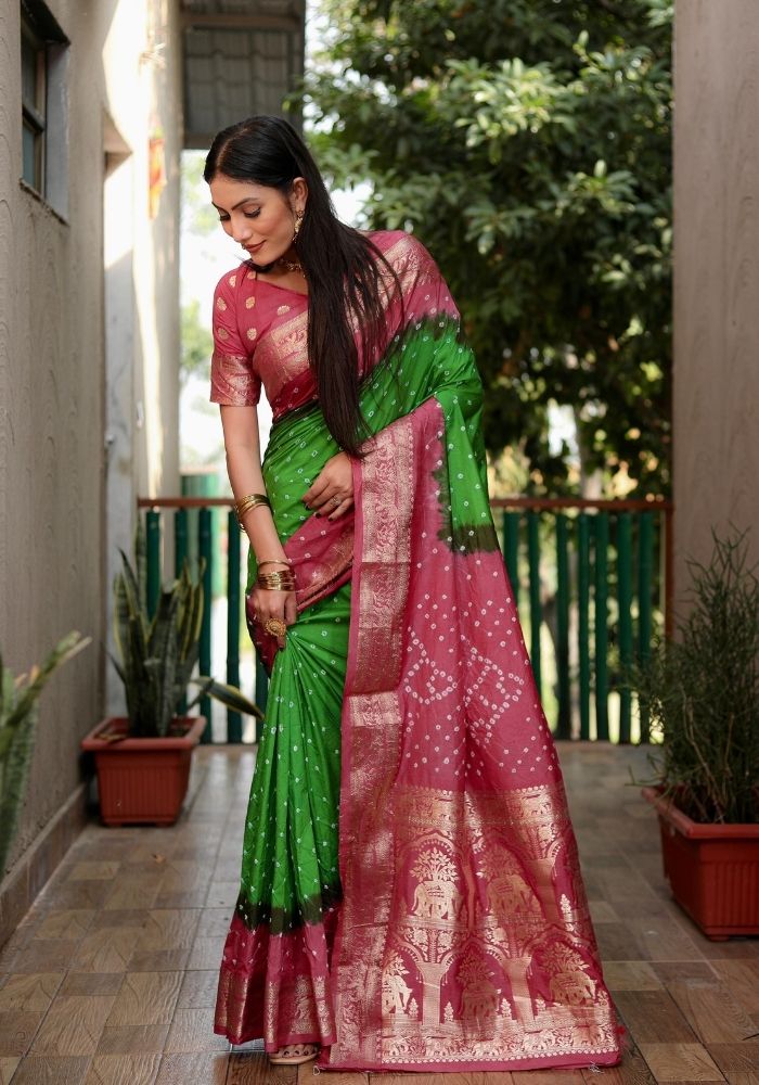 Ziyana Gajari Green Bandhej Silk Saree