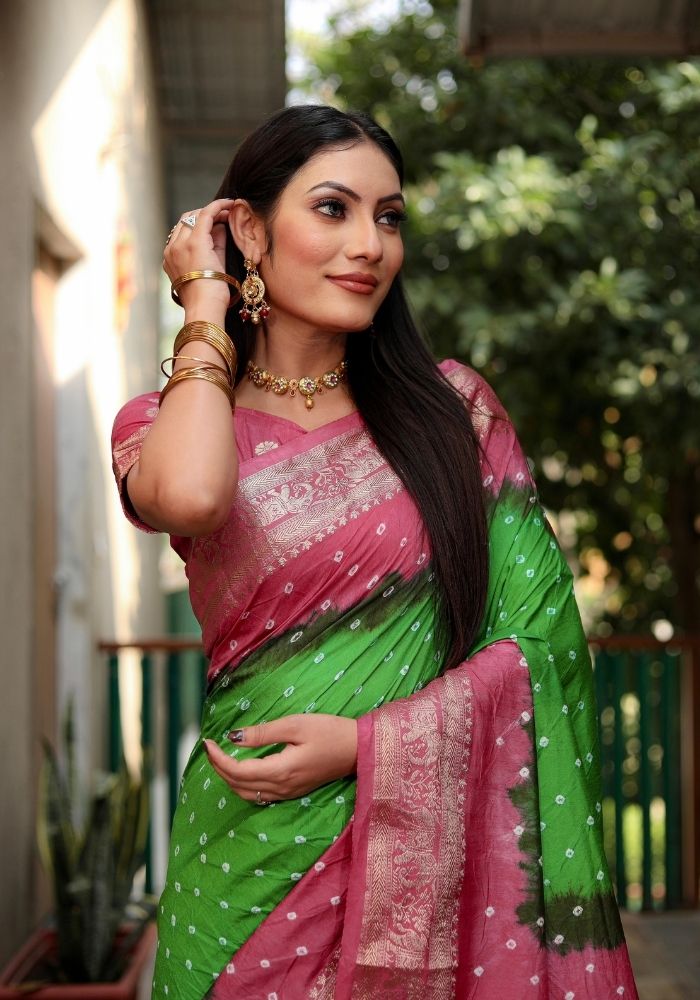 Ziyana Gajari Green Bandhej Silk Saree
