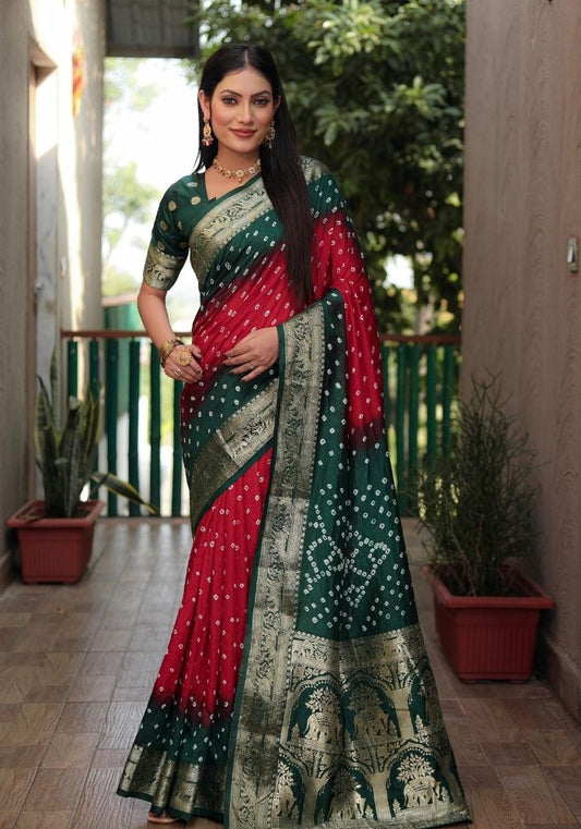 Ziyana Dark Green Red Bandhej Silk Saree