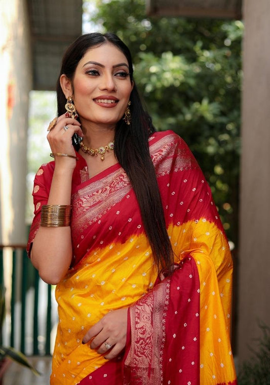 Ziyana Red Gold Bandhej Silk Saree