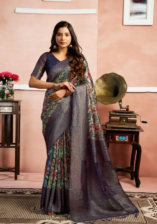 Srivalli N.blue Digital Silk saree