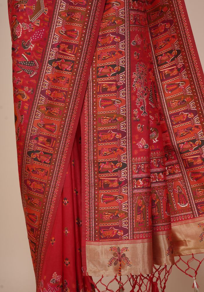 Rajlakshmi- Red Pashmina Saree With Innovative Blouse Piece