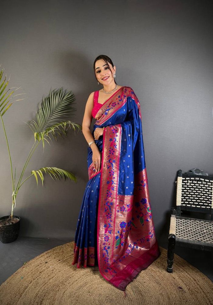 Nebula Navy Blue Paithani Silk Saree With Adorable Blouse Piece