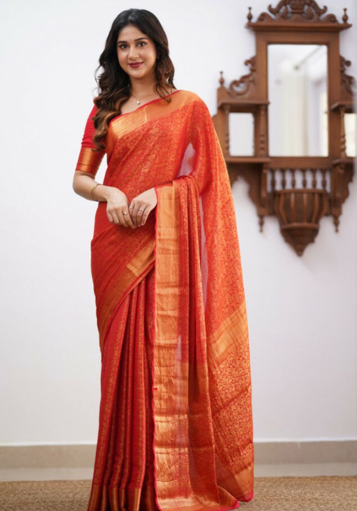 Sharini – Traditional Red Soft Silk Saree with Refined Weaves