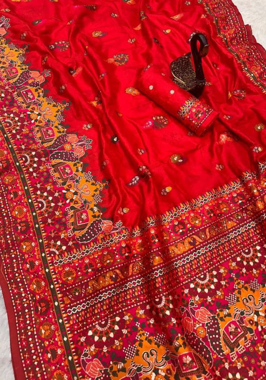 Seraphic Red Pashmina Saree With Nebula Blouse Piece