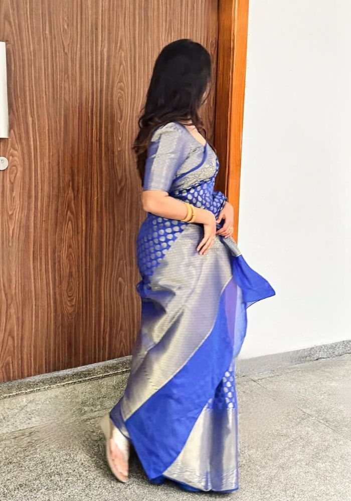 Admyrin Blue Soft Silk Designer Party Wear Banarasi Saree with Blouse Piece