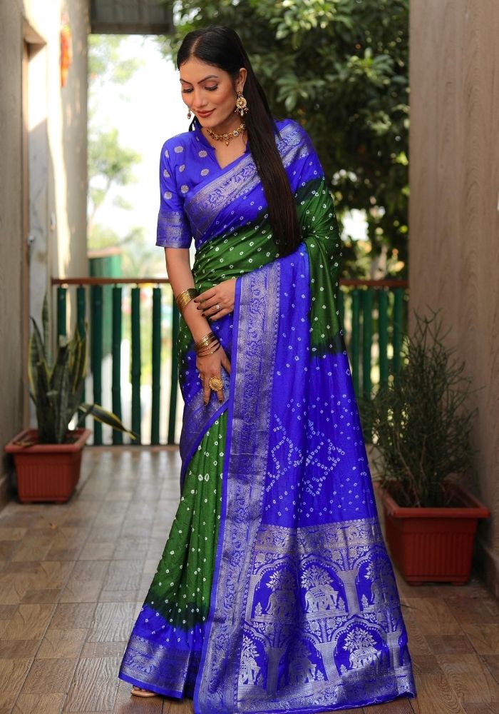 Ziyana Royal Blue Green Bandhej Silk Saree