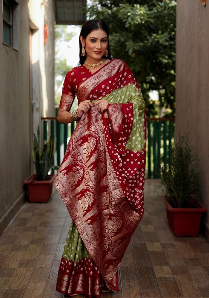 Ziyana Red Mehandi Bandhej Silk Saree