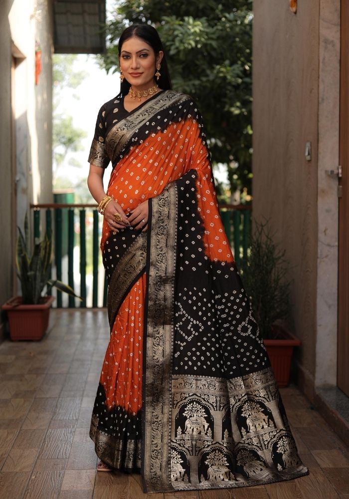 Ziyana Black Orange Bandhej Silk Saree