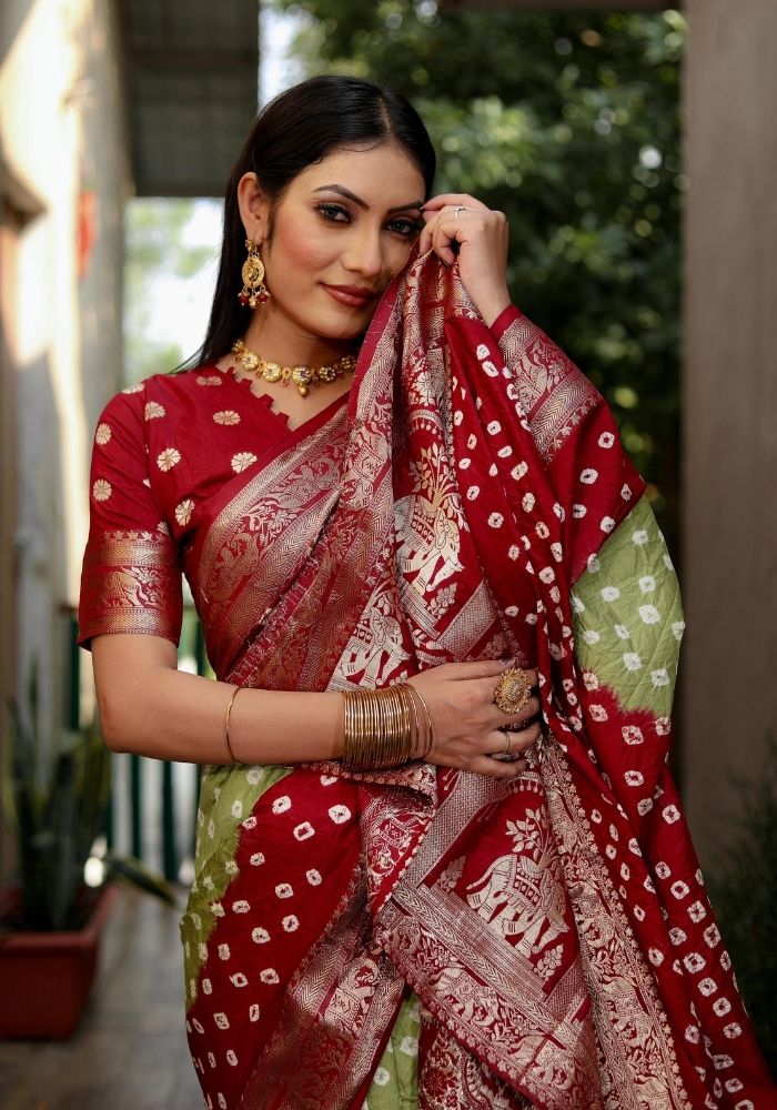 Ziyana Red Mehandi Bandhej Silk Saree