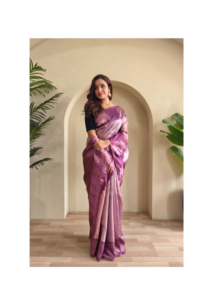 Amara – Purple Banarasi Soft Silk Saree with Floral Weave