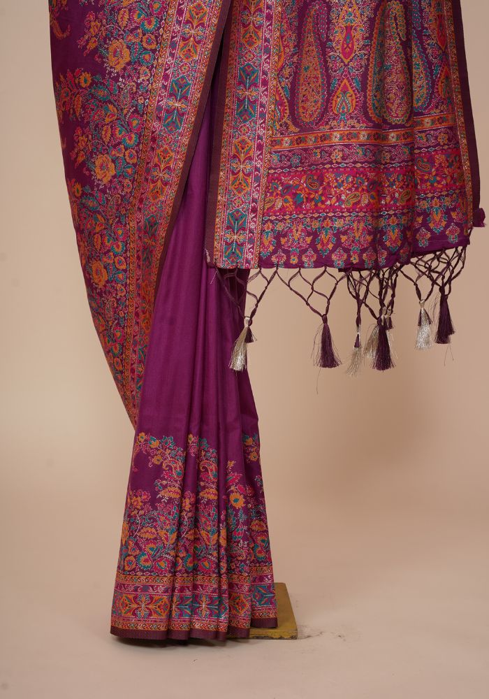 Glamorous Wine Pashmina Saree With Artistic Minakari Work