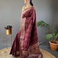 Elegantly Maroon Color Woven Silk Saree with Silver, Copper, and Antique Detailing