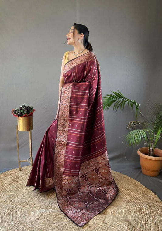 Elegantly Maroon Color Woven Silk Saree with Silver, Copper, and Antique Detailing