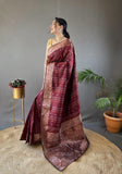 Elegantly Maroon Color Woven Silk Saree with Silver, Copper, and Antique Detailing