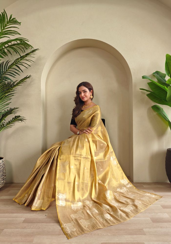 Varnika – Dark Biege Banarasi Soft Tissue Silk Saree of Subtle Charm