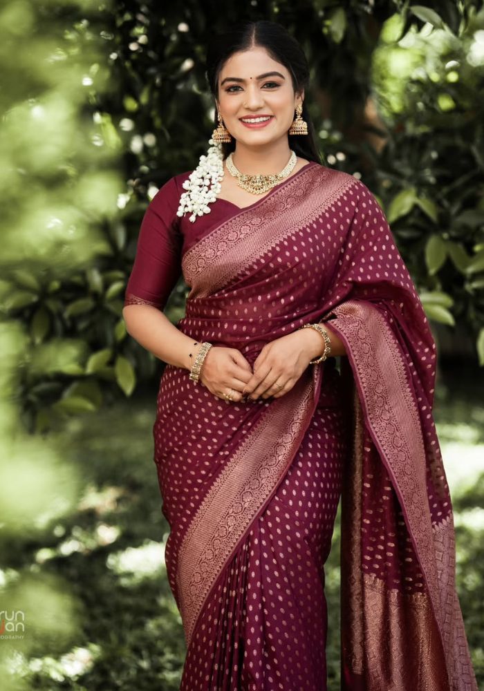 Charulata – Deep Maroon Banarasi Soft Silk Saree with Royal Charm