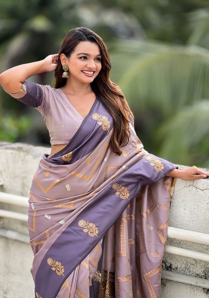 Ruvika – Banarasi Soft Silk Saree in Lavender with Ornamental Border