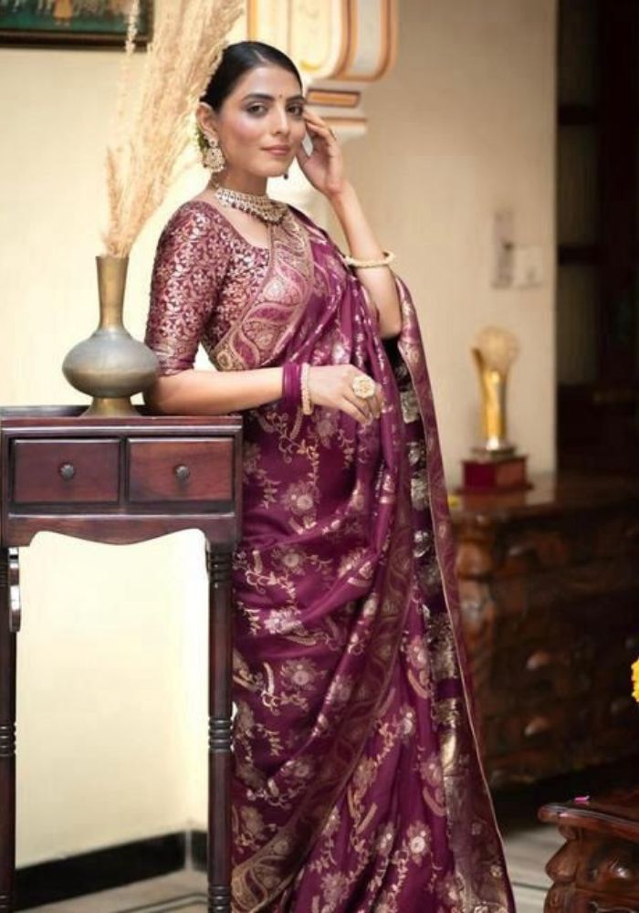 Anarkali Wine banarasi silk saree