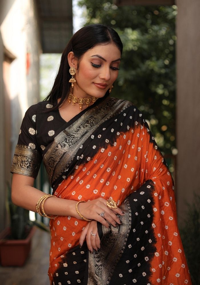 Ziyana Black Orange Bandhej Silk Saree