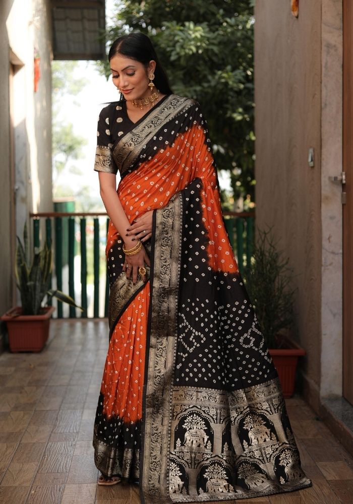 Ziyana Black Orange Bandhej Silk Saree
