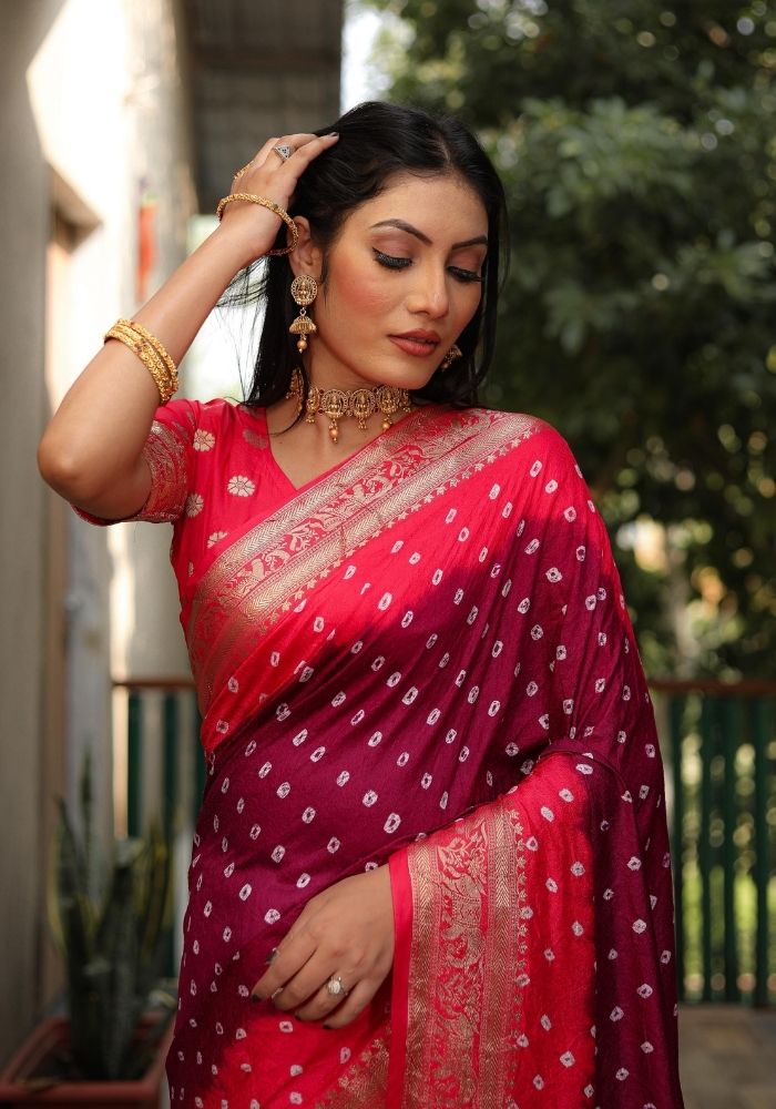Ziyana Gajari Maroon Bandhej Silk Saree