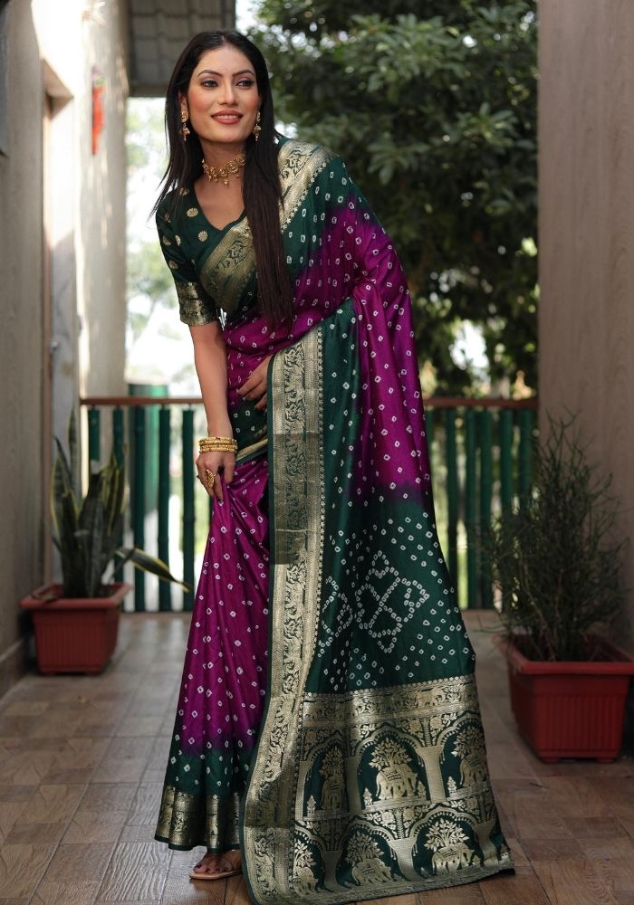 Ziyana B.green Rani Bandhej Silk Saree