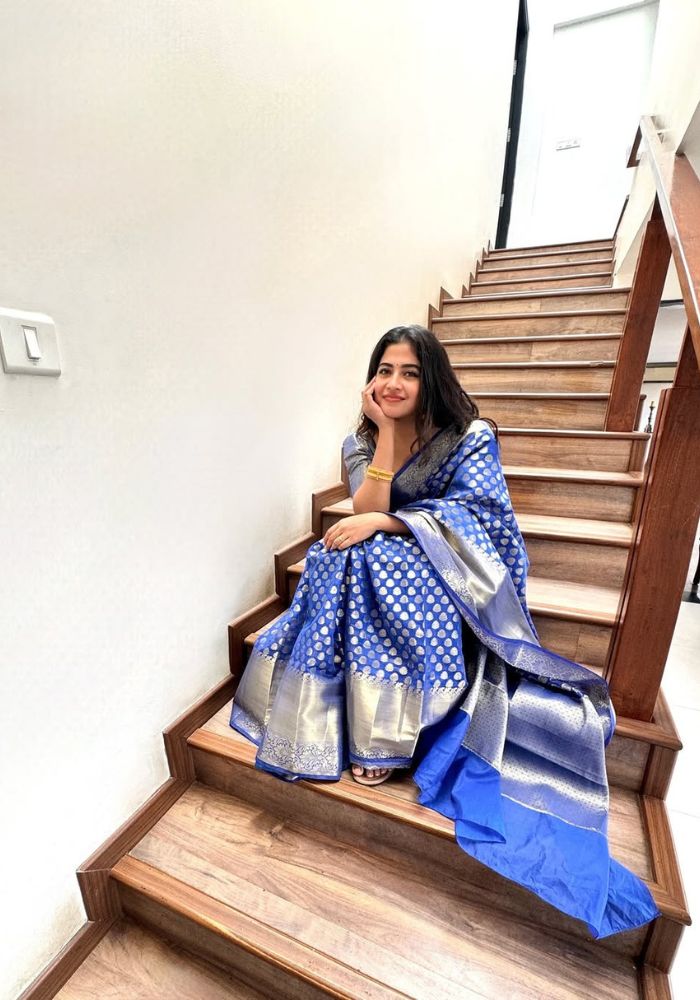 Admyrin Blue Soft Silk Designer Party Wear Banarasi Saree with Blouse Piece