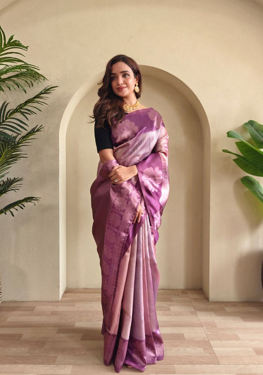 Amara – Purple Banarasi Soft Silk Saree with Floral Weave