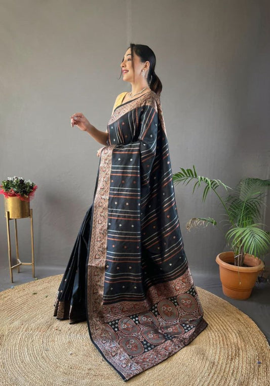 Elegantly Black Color Woven Silk Saree with Silver, Copper, and Antique Detailing