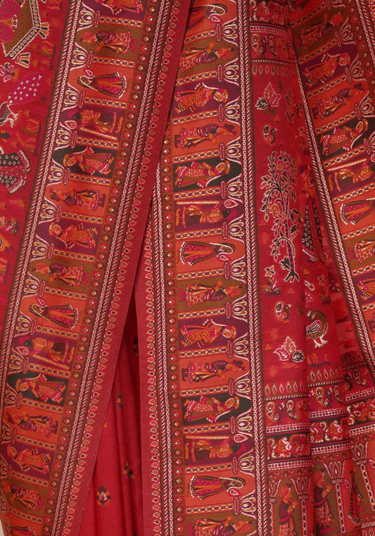 Rajlakshmi- Red Pashmina Saree With Innovative Blouse Piece