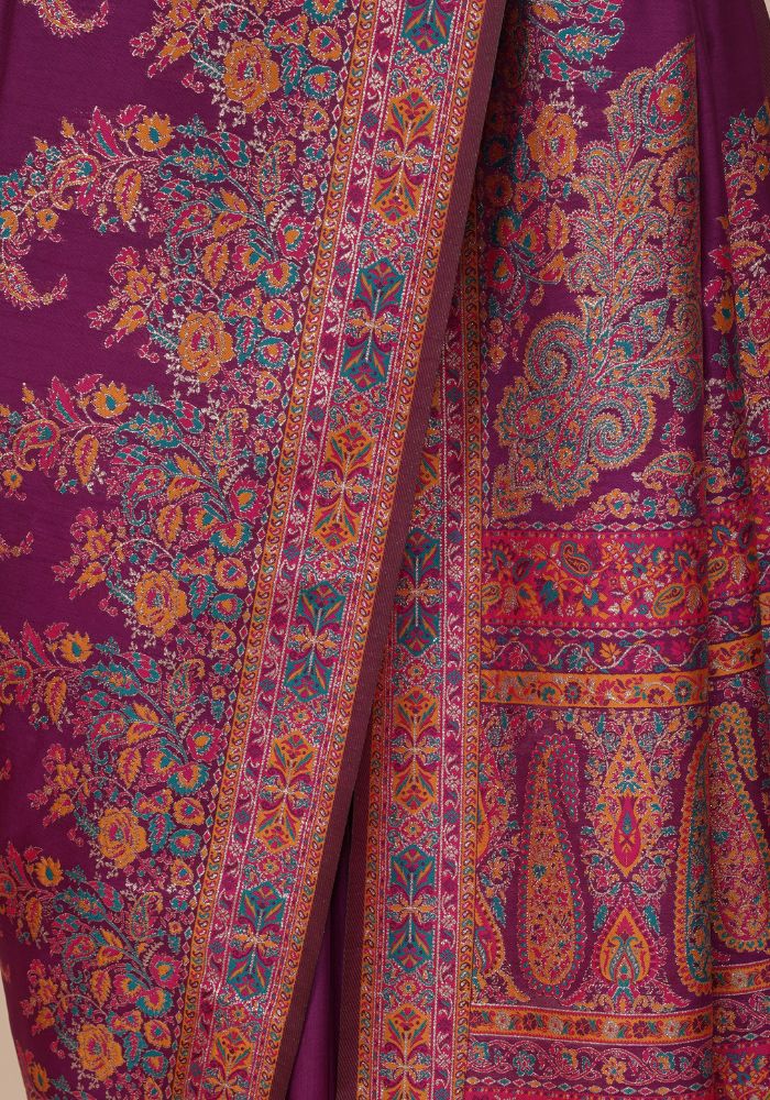 Glamorous Wine Pashmina Saree With Artistic Minakari Work