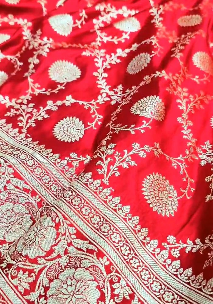 Ruhika – Scarlet Red Banarasi Soft Silk Saree with Traditional Zari Weaving