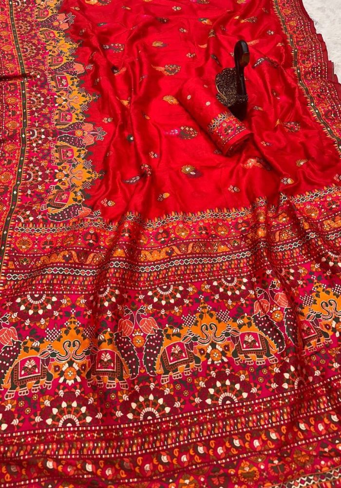 Seraphic Red Pashmina Saree With Nebula Blouse Piece