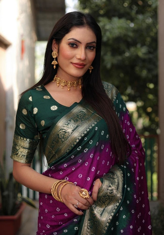 Ziyana B.green Rani Bandhej Silk Saree